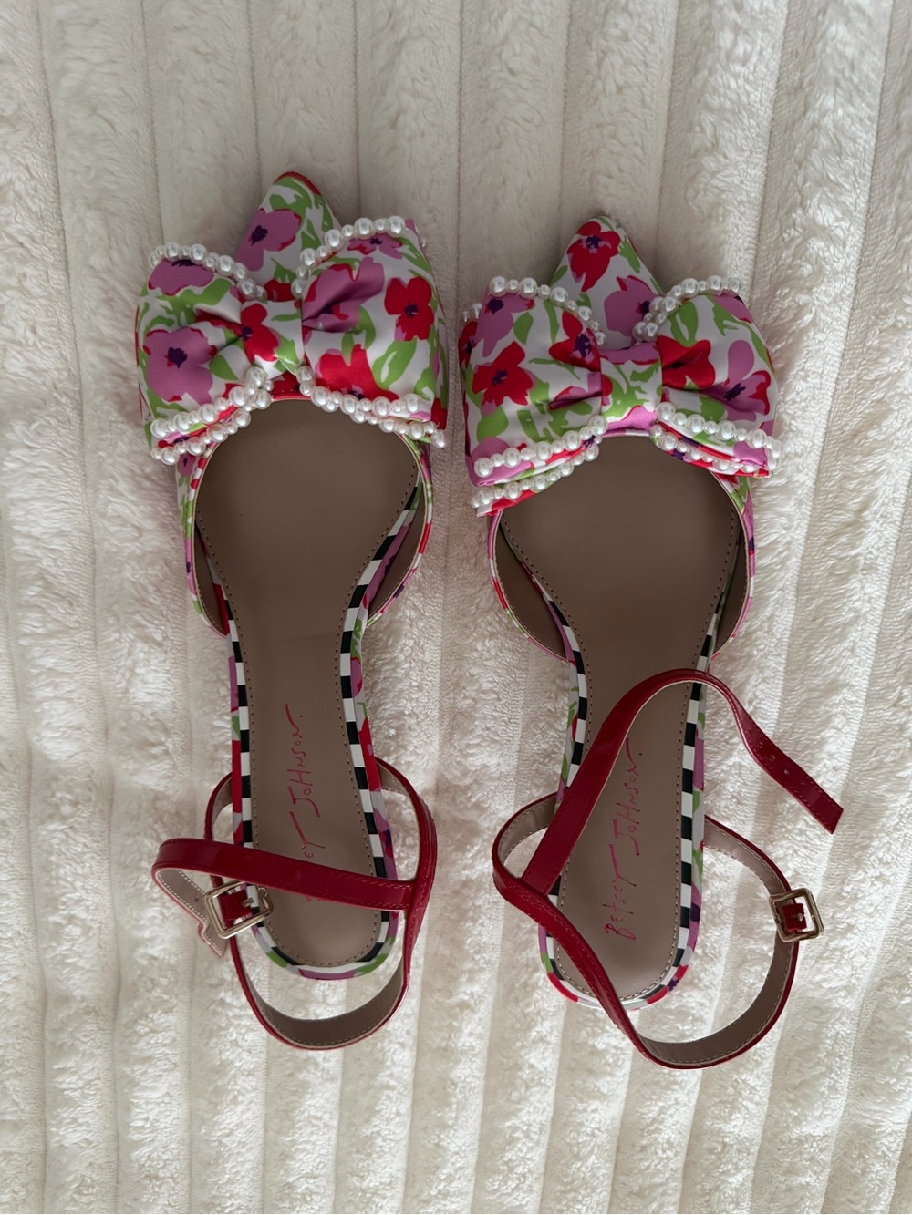 Betsey Johnson Floral Pearl Bow Slingback Flats - Pink/Red/Green
